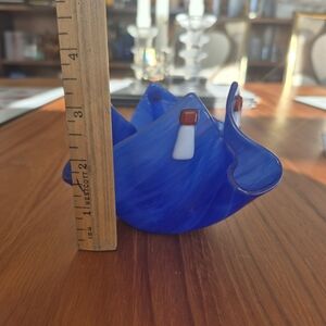 Blue Slag Art Glass Decorative Lighthouse Handkerchief Bowl